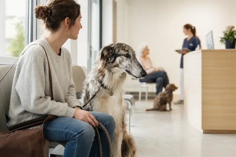 Ein Chortaja Borzaja sitzt ruhig neben seinem Besitzer im hellen Wartezimmer einer modernen Tierarztpraxis.